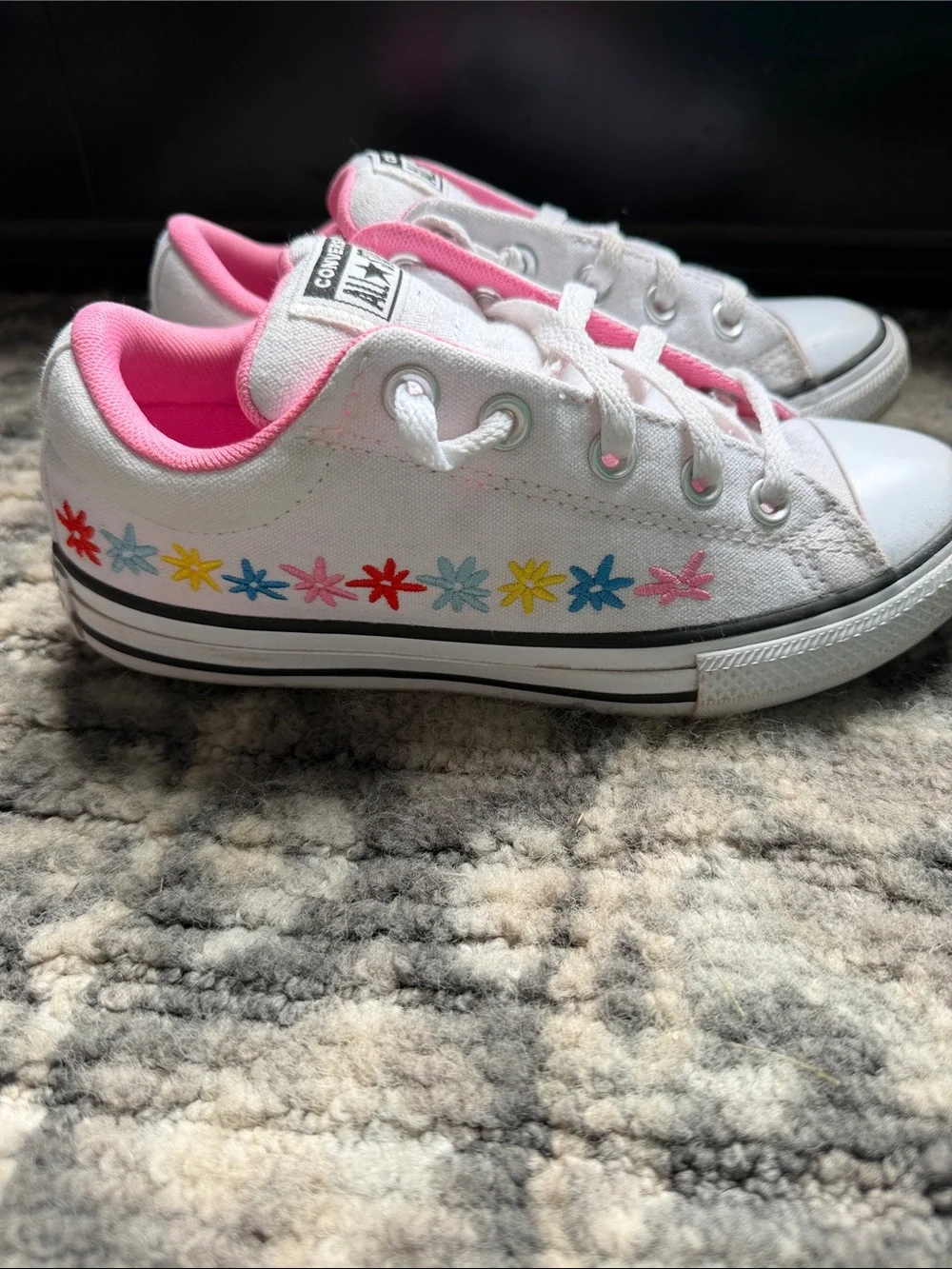 Converse White Low Top Sneakers with Pink Lining and Multicolor Flower Accents